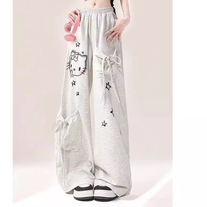 Free shipping Dopamine printed gray casual pants women's new loose and thin straight mopping long pants