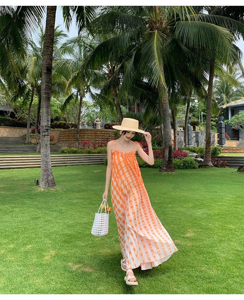 Fashion women's wear Tie-Dyed Floral Strap Dress Women's Summer French off-Shoulder Dopamine Sanya Seaside Vacation Beach Long Skirt