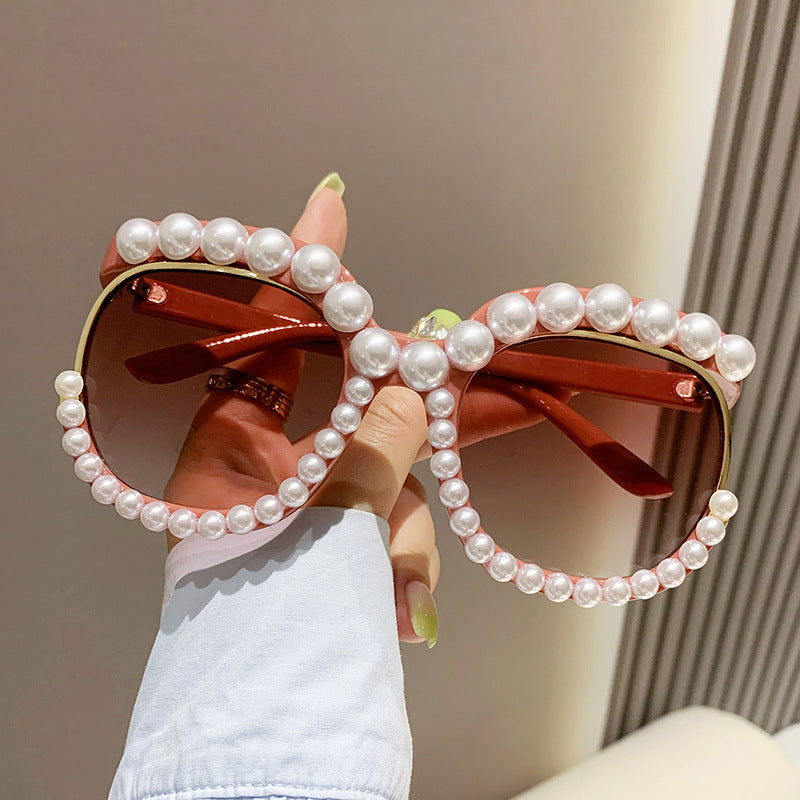 Women's fashion glasses 欧美跨境2023新款镶珍珠无框太阳镜女时尚个性夸张影楼拍照墨镜