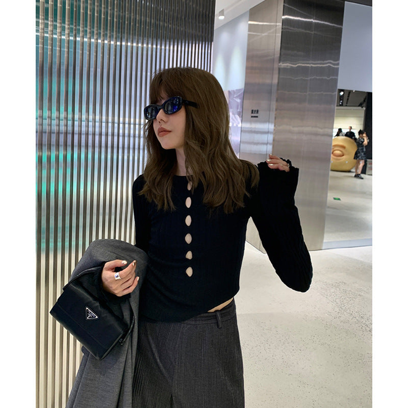 Dopamine tops Free shipping Tattoo UNITYMODE Dopamine Hollow Design Sense Wool Bottom Shirt Thirteen Lines Early Spring Black Slim Sweater Women