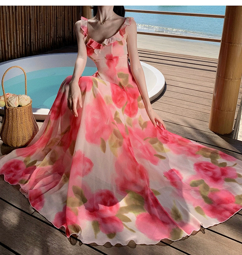 Fashion women's wear Tea Break French Chiffon Sling Dress Fairy Summer Sanya Seaside Vacation Beach Swing Long Dress Elegant