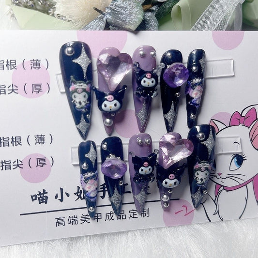 (Hand-Made Nail) Miss Meow Handmade Manicure Clow M Manicure Wear Nail Y2g Purple Black Three-Dimensional Hot Girl Cartoon Finished Patch