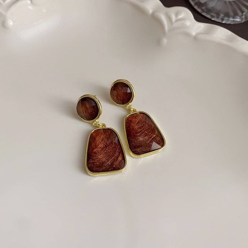 银针美拉德咖色爱心耳环时尚复古设计感耳钉轻奢高级感耳饰批发女