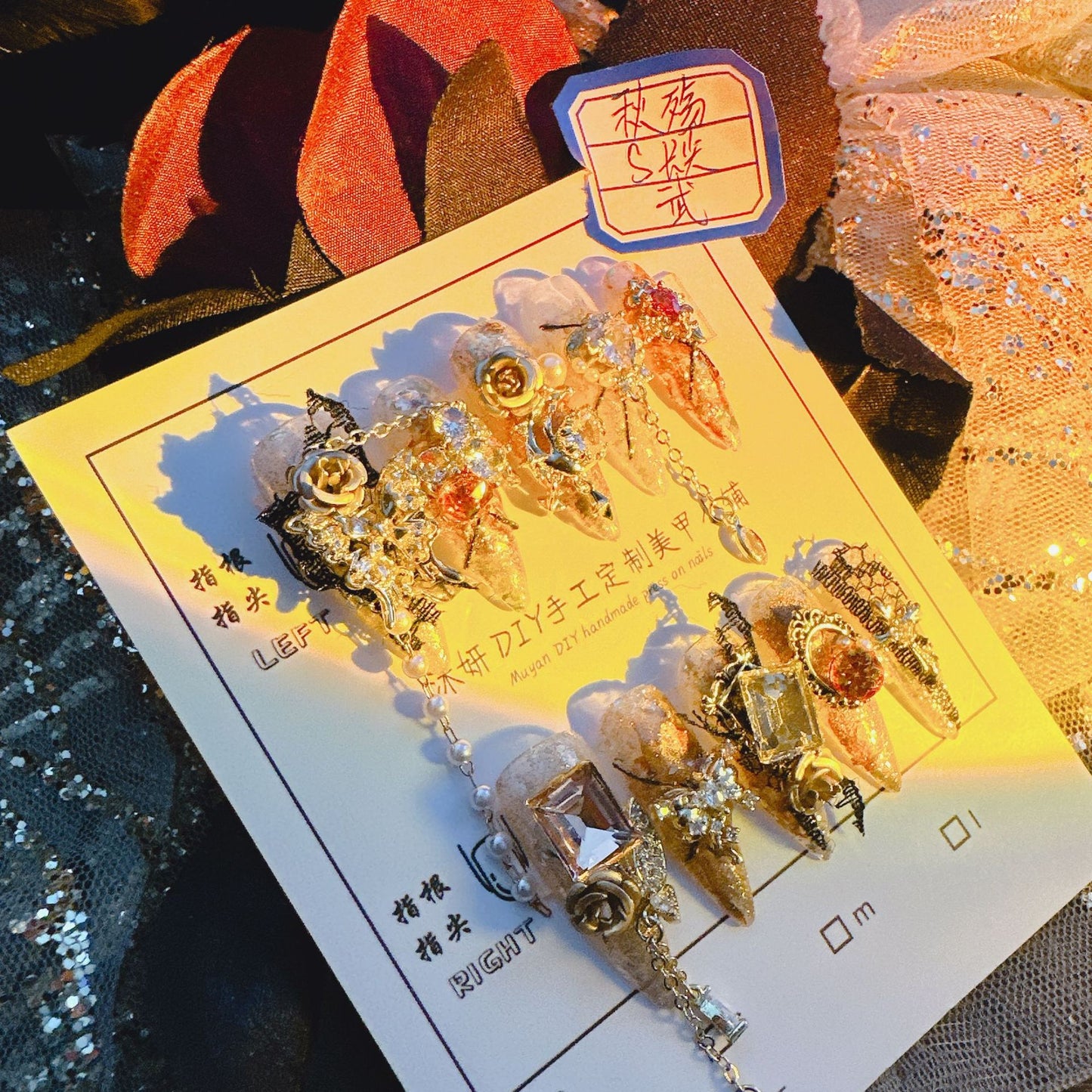 (Hand-Made Nail) Yanyan Handmade Nail Real Shot Heavy Industry Golden Autumn Luxury Zircon Flash Non-Mainstream Style Hot Girl Nail Beauty Rhinestone Wear Nail