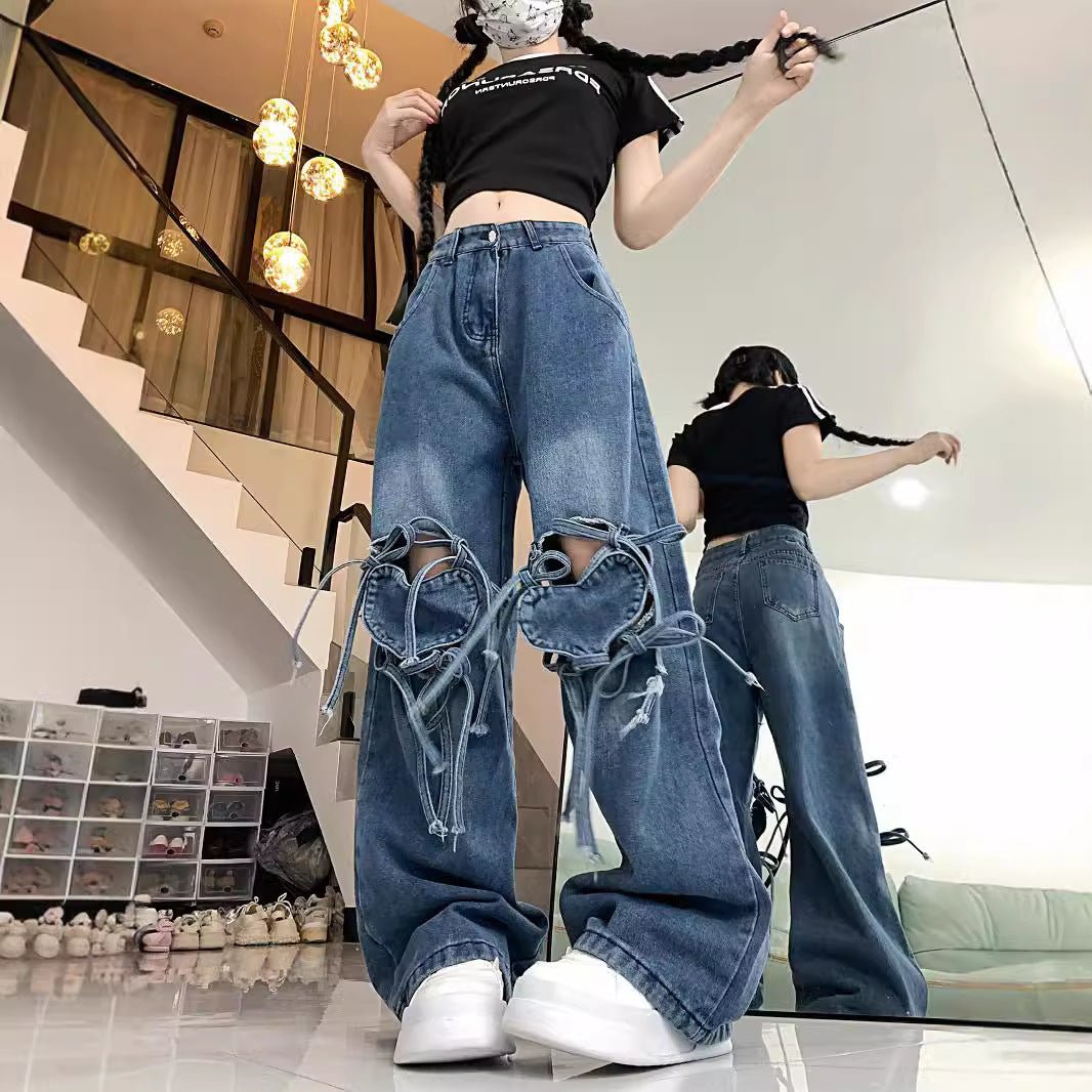 Dopamine pants Free shipping Tattoo Jeans women's spring dopamine wear retro love strap design sense straight women's pants tide
