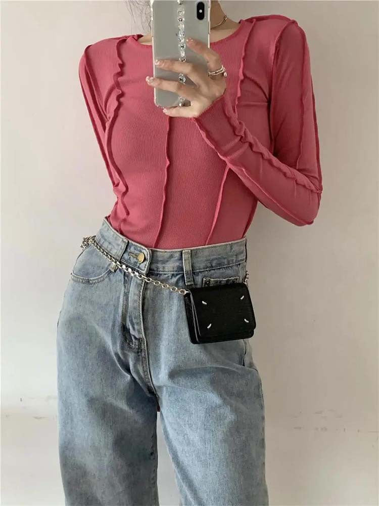 Free shipping women's clothing bright line niche design solid color base T-shirt versatile and thin long sleeves tops