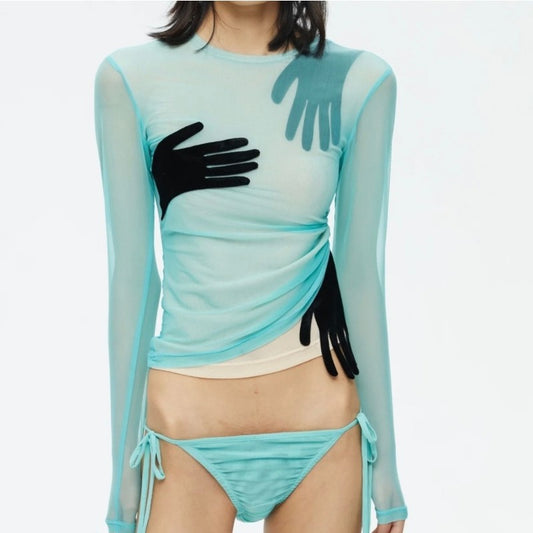 Free shipping  New Solid Color Mesh Splicing Velvet Palm Long Sleeve Perspective Navel Short tops