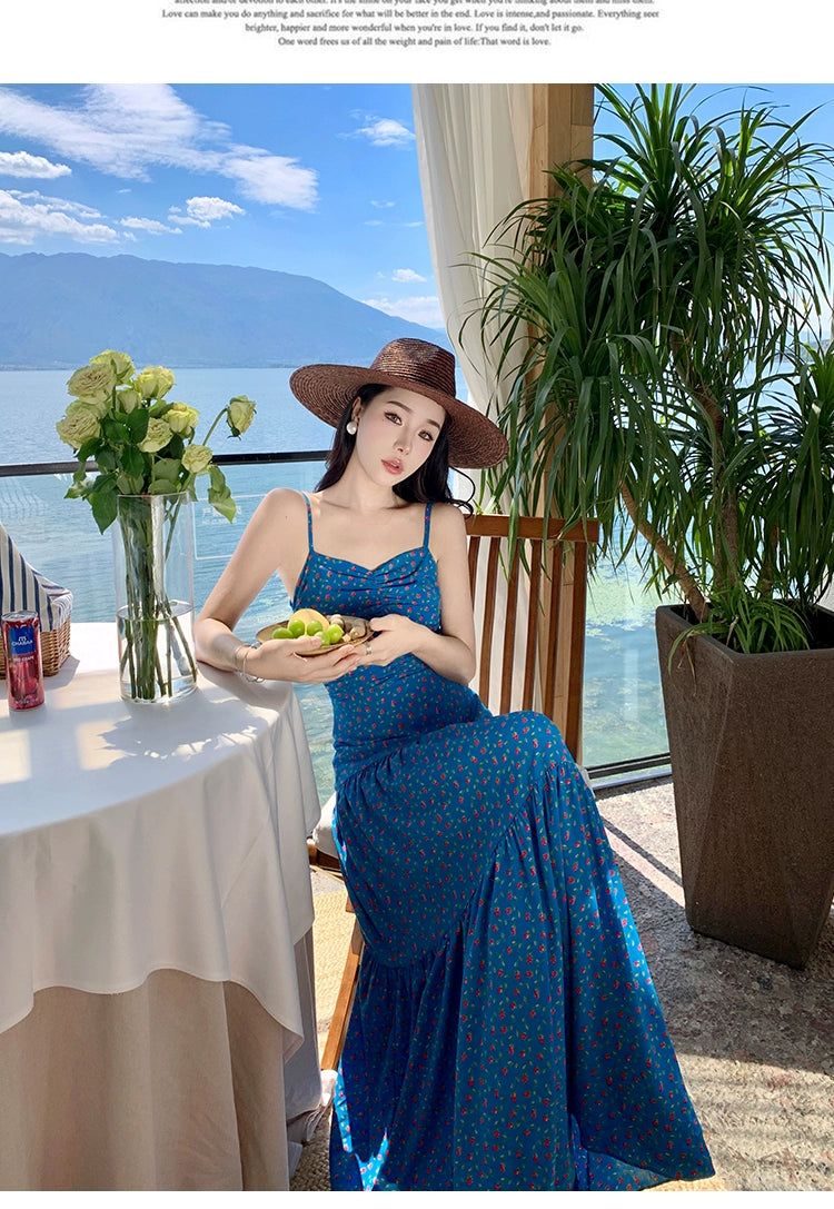 Fashion women's wear off-Shoulder Spaghetti Straps Dress Women's Summer Sanya Seaside Holiday Beach Skirt Floral Backless Waist Trimming Ankle-Length Dress