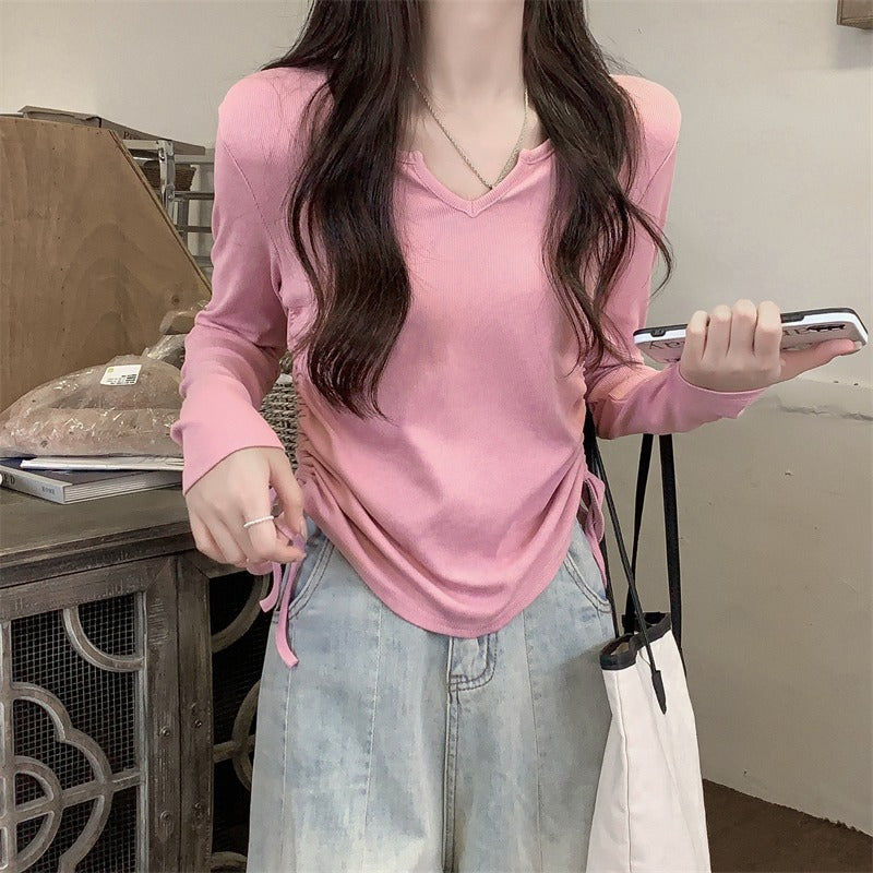 Dopamine tops Free shipping Tattoo V-neck drawstring niche slim long-sleeved T-shirt women's autumn slim-fit design chic short top with bottoming shirt