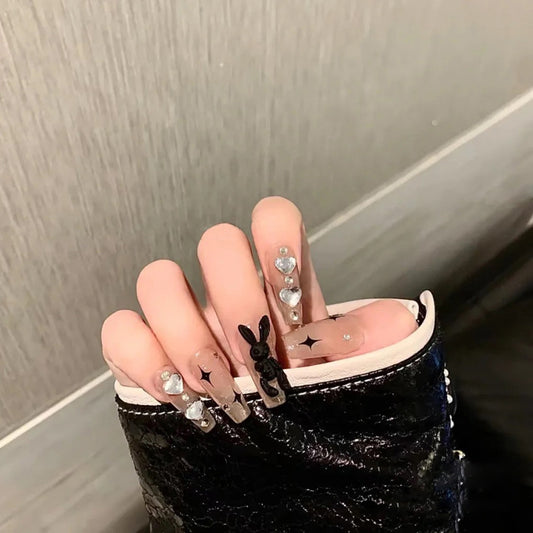 Fashion  nail Dark Rabbit Rhinestone Fake Nail Patch Finished Nail Beauty Removable Wearable Nail Stickers A1