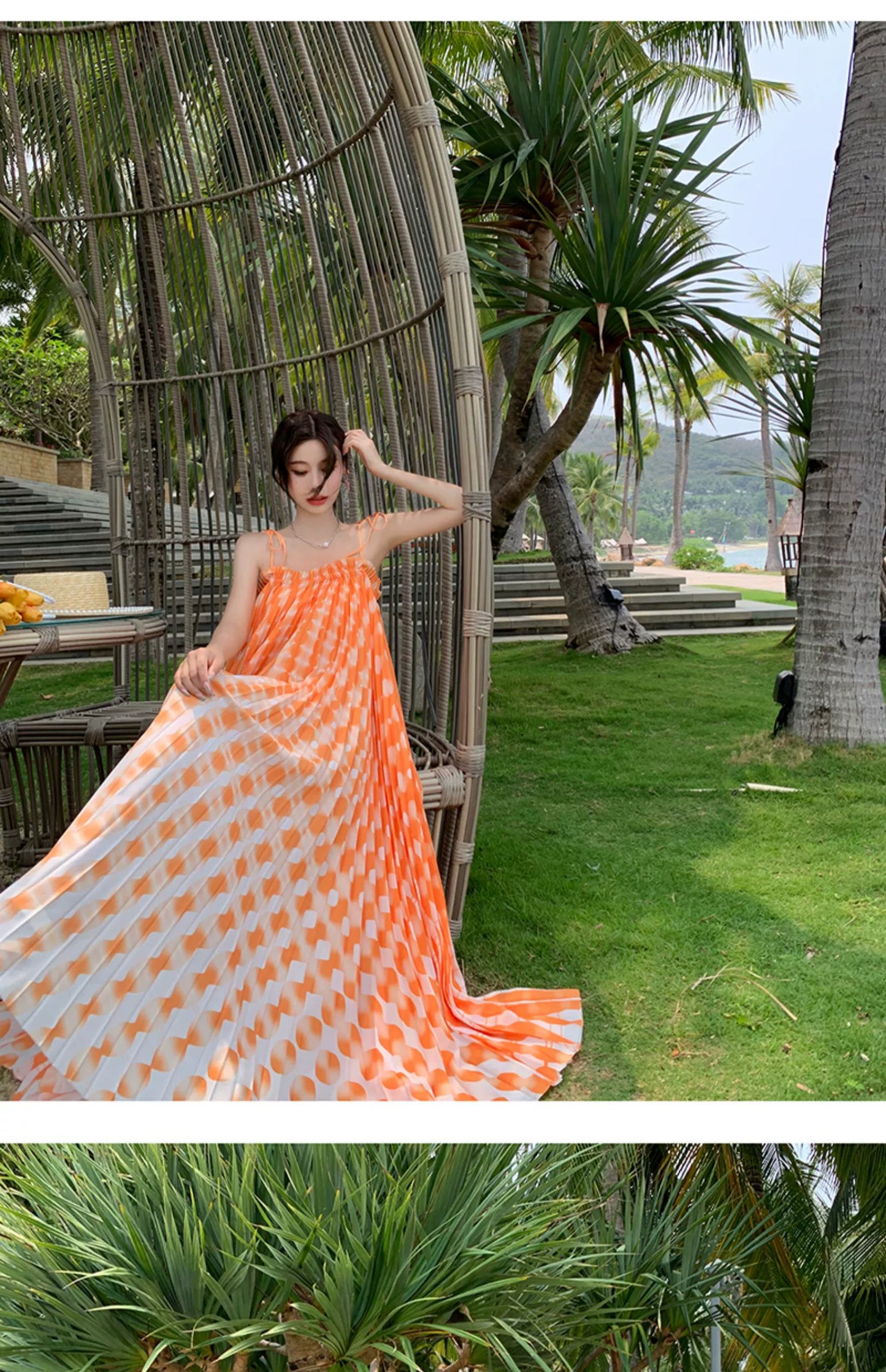 Fashion women's wear Tie-Dyed Floral Strap Dress Women's Summer French off-Shoulder Dopamine Sanya Seaside Vacation Beach Long Skirt
