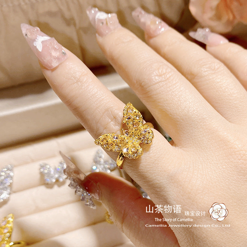 山茶欧美时尚宴会超闪立体镶钻蝴蝶戒指  轻奢满钻复古风银针耳饰