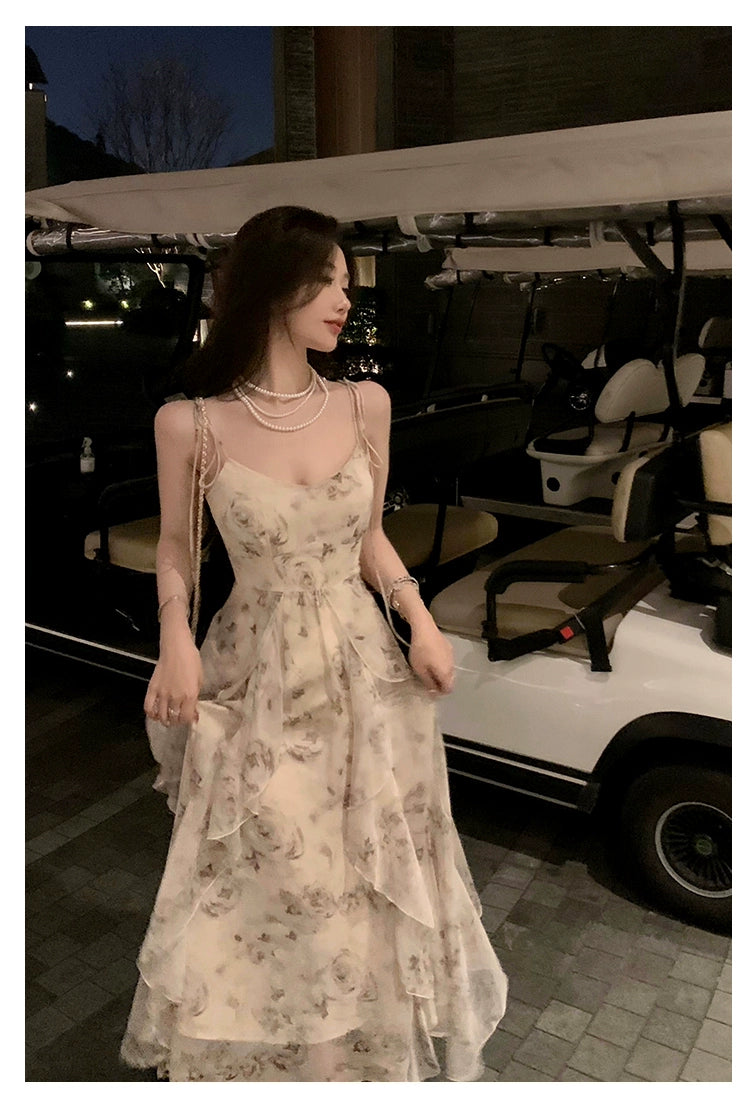 Fashion women's wear Phantom Fairy Ink Blue and White Suspender Dress Sanya Holiday Beach Skirt Irregular Ruffled Floral Dress