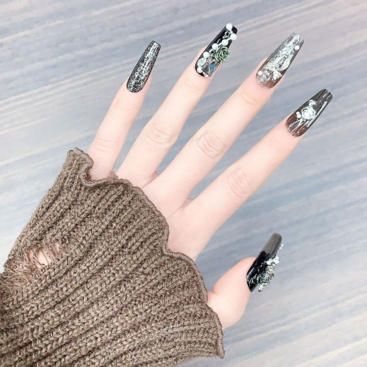 (Hand-Made Nail) Heavy Industry Super Long Ladder Hand-Worn Nail Tip Manicure Wholesale Nail Tip Nail Patch Rose Flower Sweet Cool Hot Girl