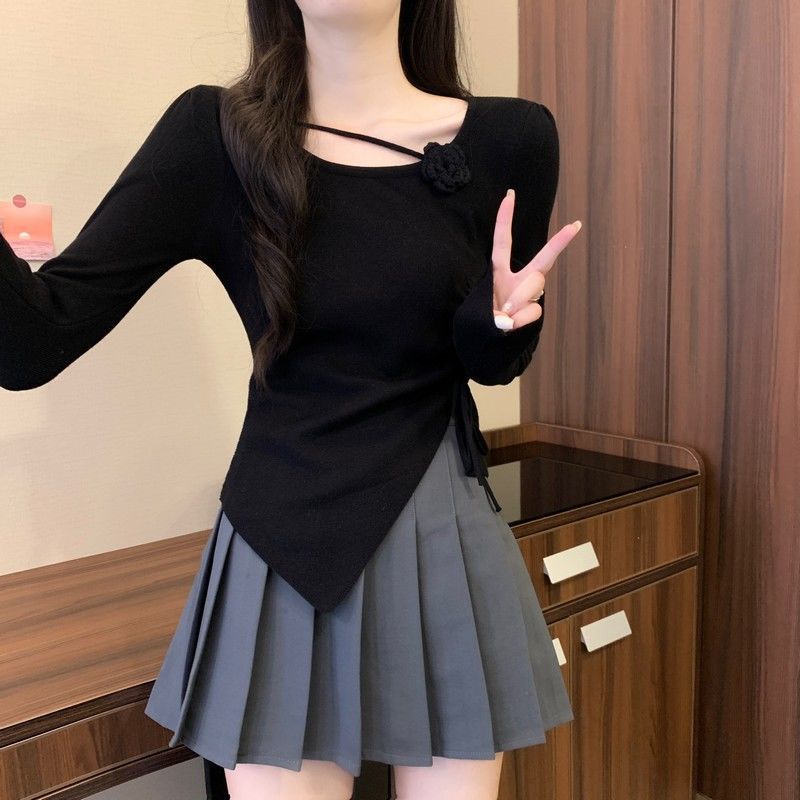 Dopamine tops Free shipping Tattoo Dopamine red three-dimensional flower long-sleeved knitted sweater for women's early autumn side drawstring closed waist and thin outer wear small top