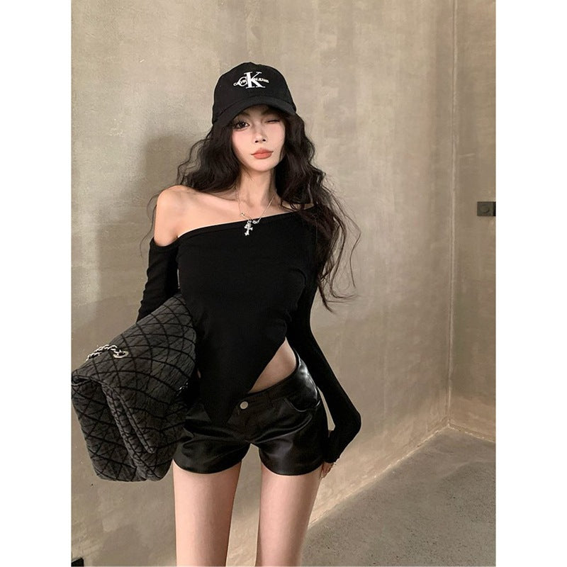 Dopamine tops Free shipping Tattoo Black Pure Lust Sexy Slim Skinny Top Women's Autumn Sweet and Cool Spice Girl Slant Neck Off-Shoulder Irregular Long Sleeve T-Shirt