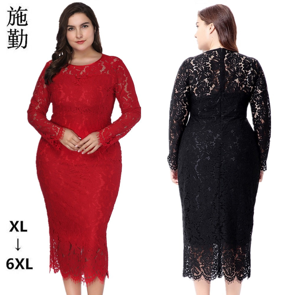Fashion women's wear  Cross Border plus Size Foreign Trade Women's Clothing Popular Long Sleeve Lace Slim Dress Dress