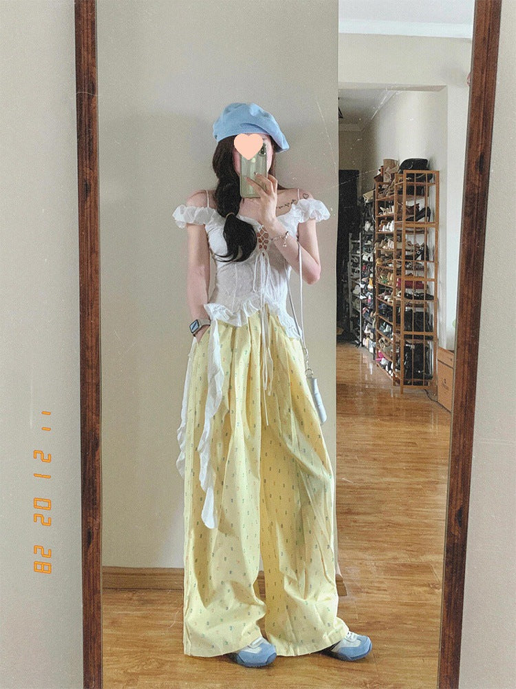 Free shipping  Large size dopamine color polka dot casual trousers women's summer high waist loose and thin walking trousers wide leg trousers tide pants