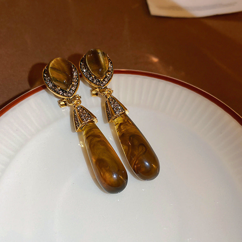 美拉德银针虎眼石几何耳环时尚轻奢复古耳钉高级感百搭耳饰批发女