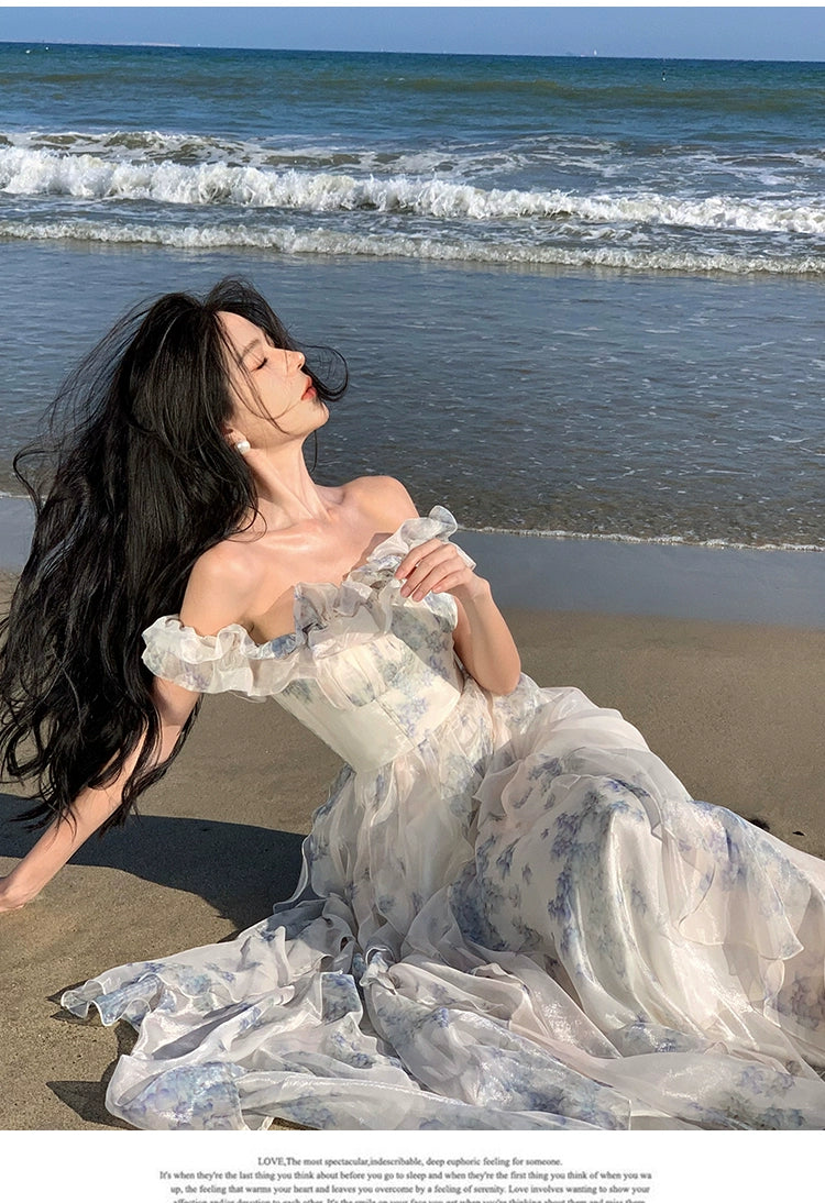 Fashion women's wear Seaside Vacation Style Suspender Skirt Yarn French Ruffled Beach Dress Atmosphere Long Skirt Elegant Fairy Style