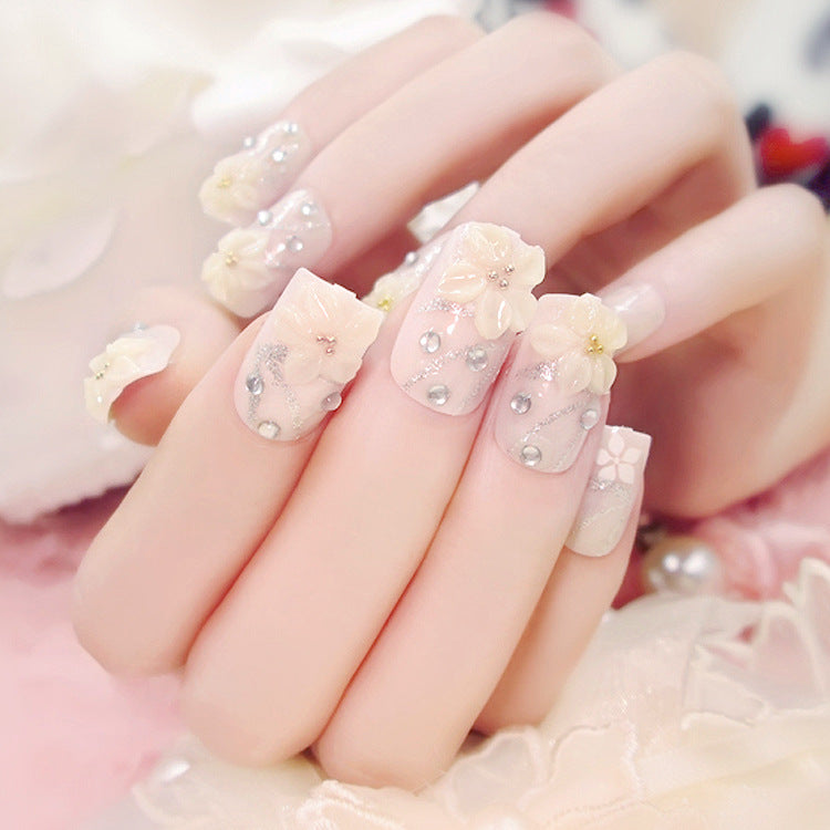 Fashion  nail Finished Manicure 24 Pieces Boxed Fake Nails Pearl Small Flower Bride Nail Stickers Bride Nail Collection