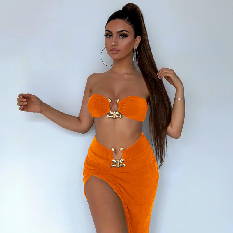 Fashion women's wear  Women's Clothing New Tube Top Open Navel Backless Top Sexy Slit Sheath Skirt Two-Piece Set