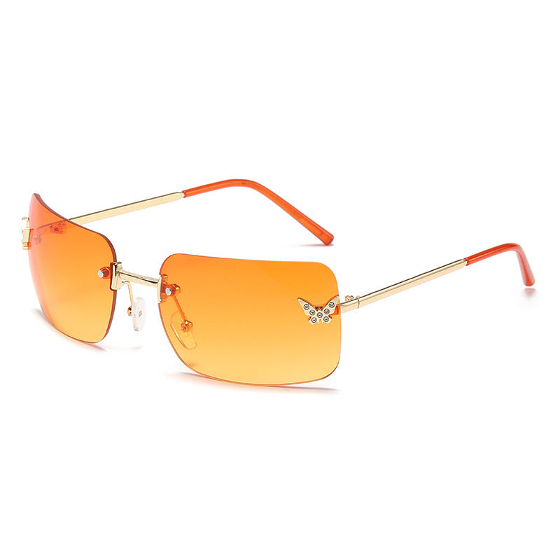 Women's fashion glasses 2023新款无框切边太阳镜女海洋片方形镶钻蝴蝶时尚渐变色墨镜街拍