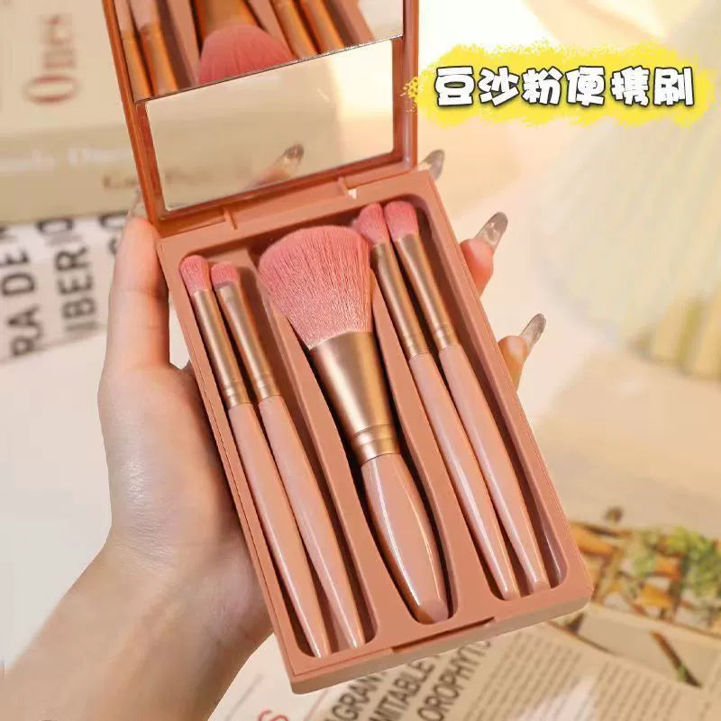 5支带镜子化妆刷旅行套装软毛散粉刷眼影盘刷子平价便携莫兰迪开窗