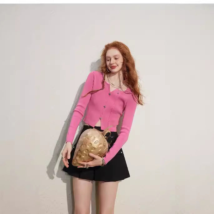 Dopamine tops Free shipping Tattoo The same spot dopamine short v-neck knitted sweater women's 2023 autumn new sunscreen slim long sleeve base