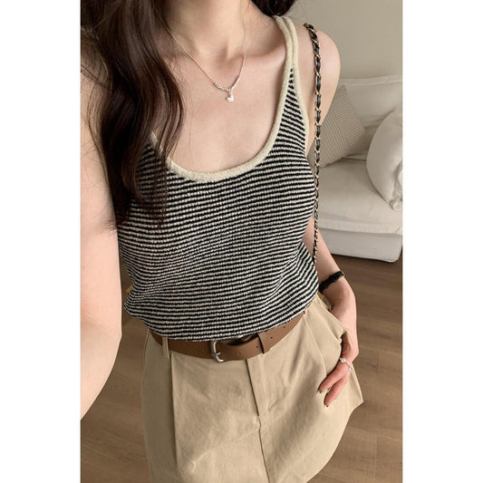 Dopamine tops Free shipping Tattoo Real photo Dopamine unique chic design striped sling vest women's spring and summer new sleeveless top