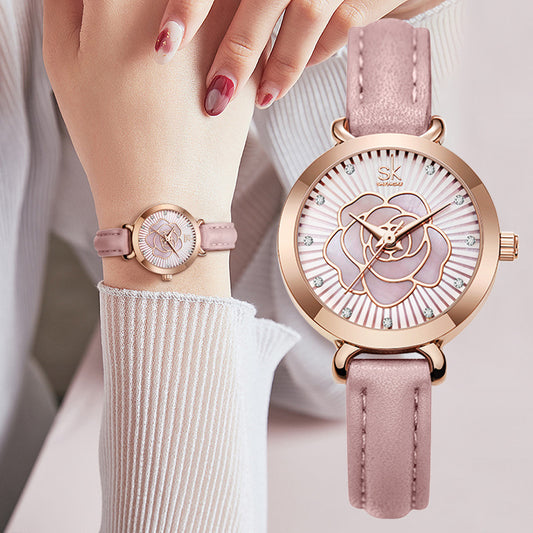 Fashion women's watchSK Women's Watch Female Niche High Sense Three-Dimensional Rose Belt Shenzhen Watch Female Quartz Watch Live Broadcast 0148
