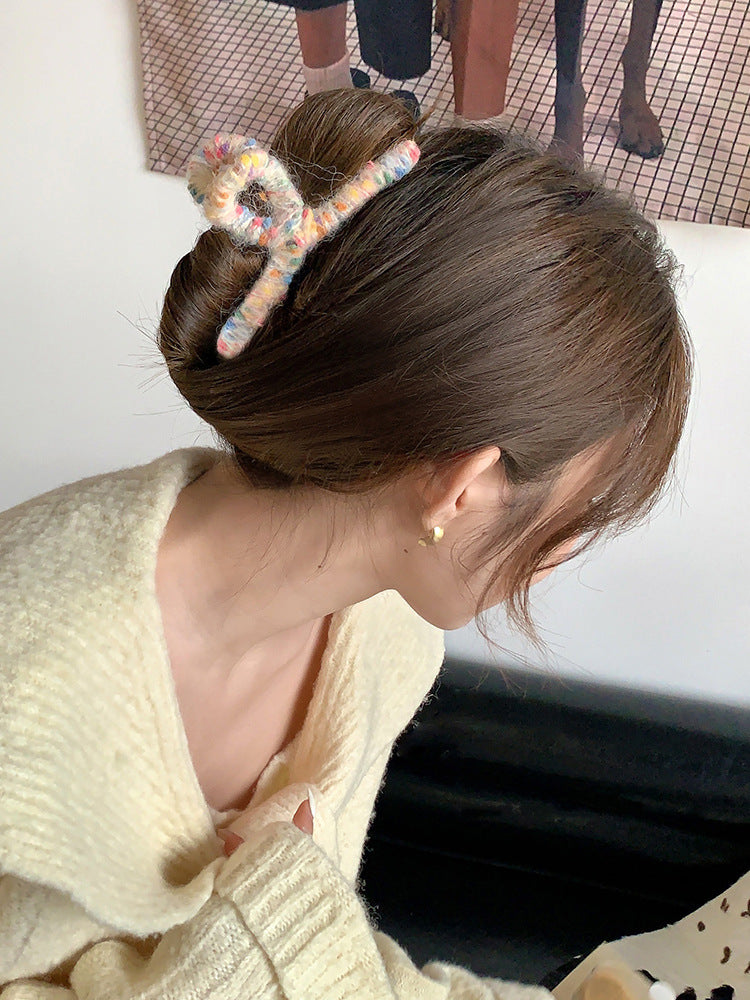 彩色毛线发夹女后脑勺盘发抓夹女简约气质鲨鱼夹头饰新款发卡批发