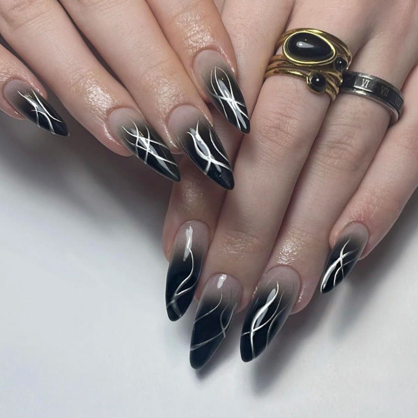 Fashion  nail European and American Nails Fashion Elegant Corrugated Color Flash Nail Beauty Gradient Pointed Fake Nails Hot Girl Wear Nail W15