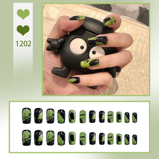 fake nail穿戴美甲成品黑绿未来艺术涂鸦假指甲美甲贴片指甲批发