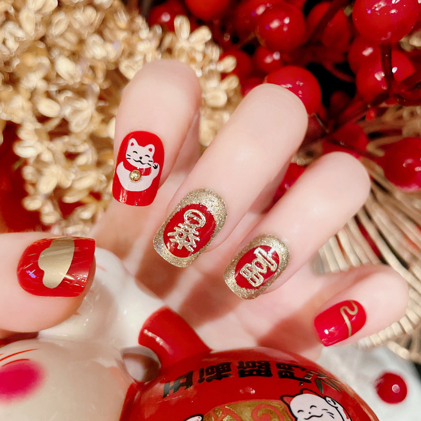 Fashion  nail New Year Manicure Fake Nail Patch New Year Chinese New Year Celebration Joyous Lucky Cat Wear Nail Finished Patch Wear Nail A52