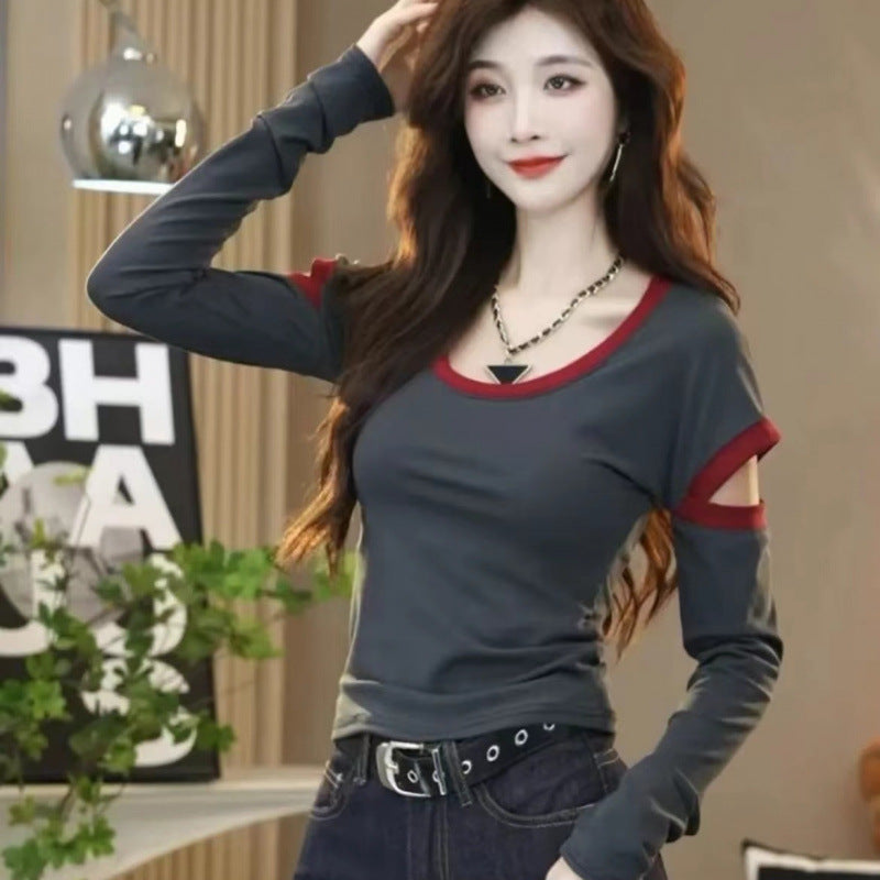 Free shipping Tattoo Douyin 2024 new autumn and winter contrasting color U-neck long-sleeved slim-fitting T-shirt foreign style bottoming shirt top women tops