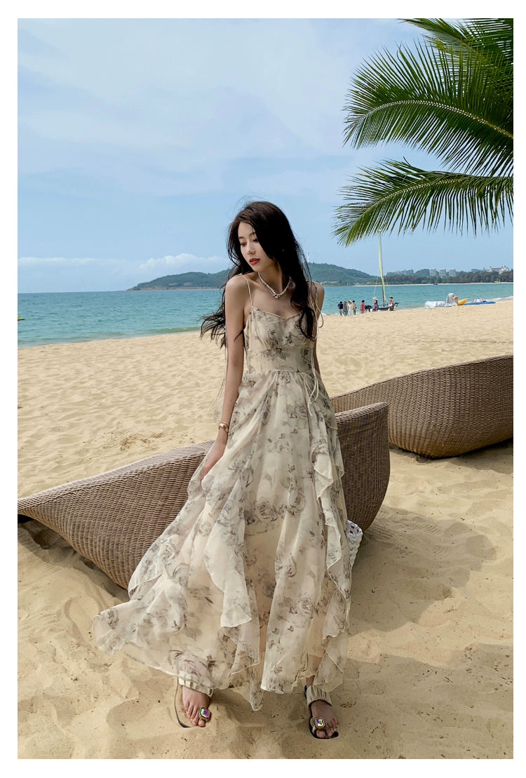 Fashion women's wear Phantom Fairy Ink Blue and White Suspender Dress Sanya Holiday Beach Skirt Irregular Ruffled Floral Dress