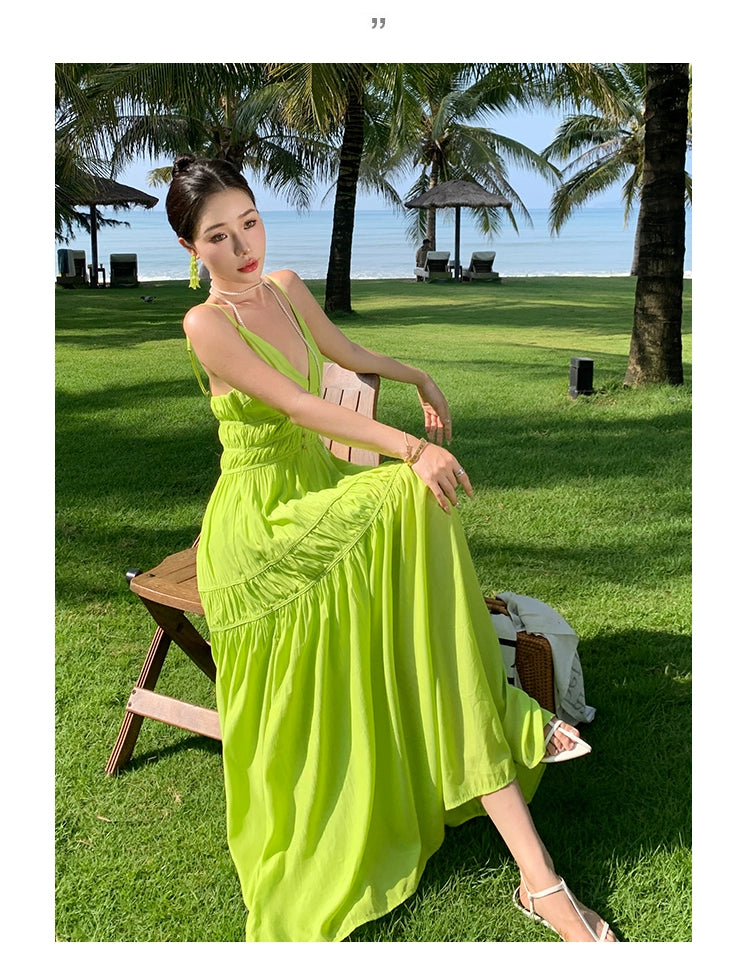 Fashion women's wear Summer Dopamine Seaside Vacation Deep V Dress Green Suspenders Ankle-Length Dress Sanya Slimming Beach Skirt Female
