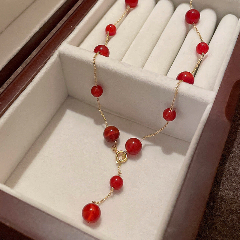 红色真金电镀玛瑙几何项链复古简约高级感锁骨链小众百搭耳饰批发