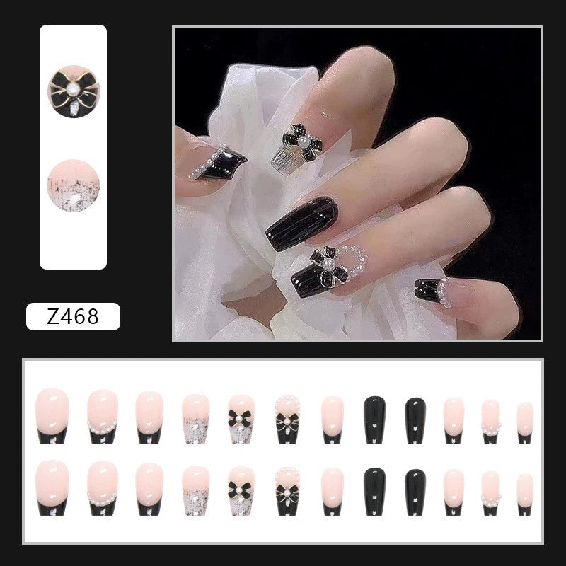 (Hand-made nail) French nail armor long black small fragrance simple white high-grade sense nail piece bride pregnant woman finished product.