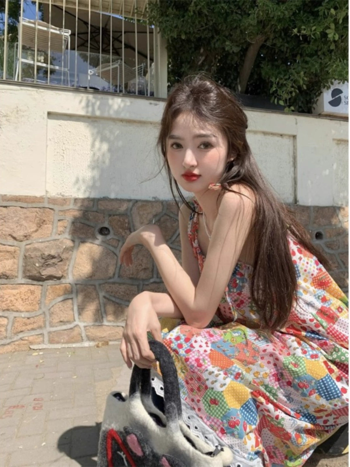 Dopamine dress Free shipping Tattoo Dopamine floral splicing lace suspender dress women's summer age reduction Sanya seaside vacation photo beach dress