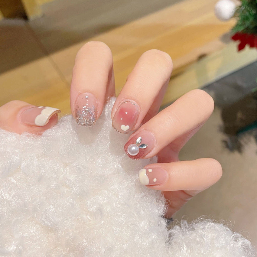 Fashion  nail Short Cute Pure Desire Bunny Wear Nail Pearl Long Diamond Rabbit Fake Nail Tip Nail Tip Flash Blush Nail Tip A2