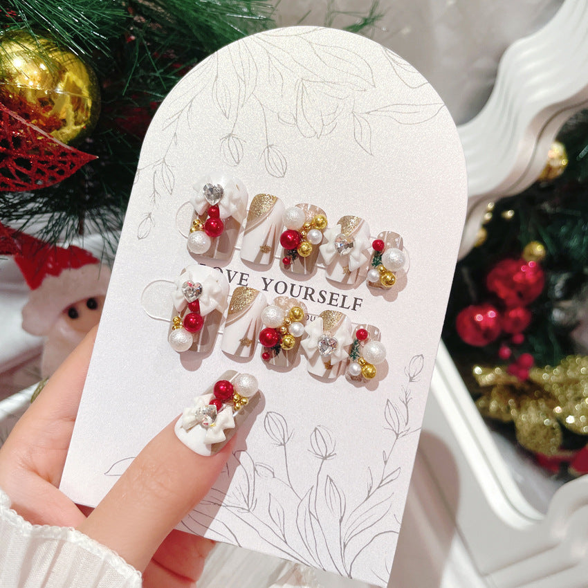 Fashion  nail New Handmade Wear Nail Christmas Manicure Christmas Bowknot Ball Wearable Patch Fake Nails U21