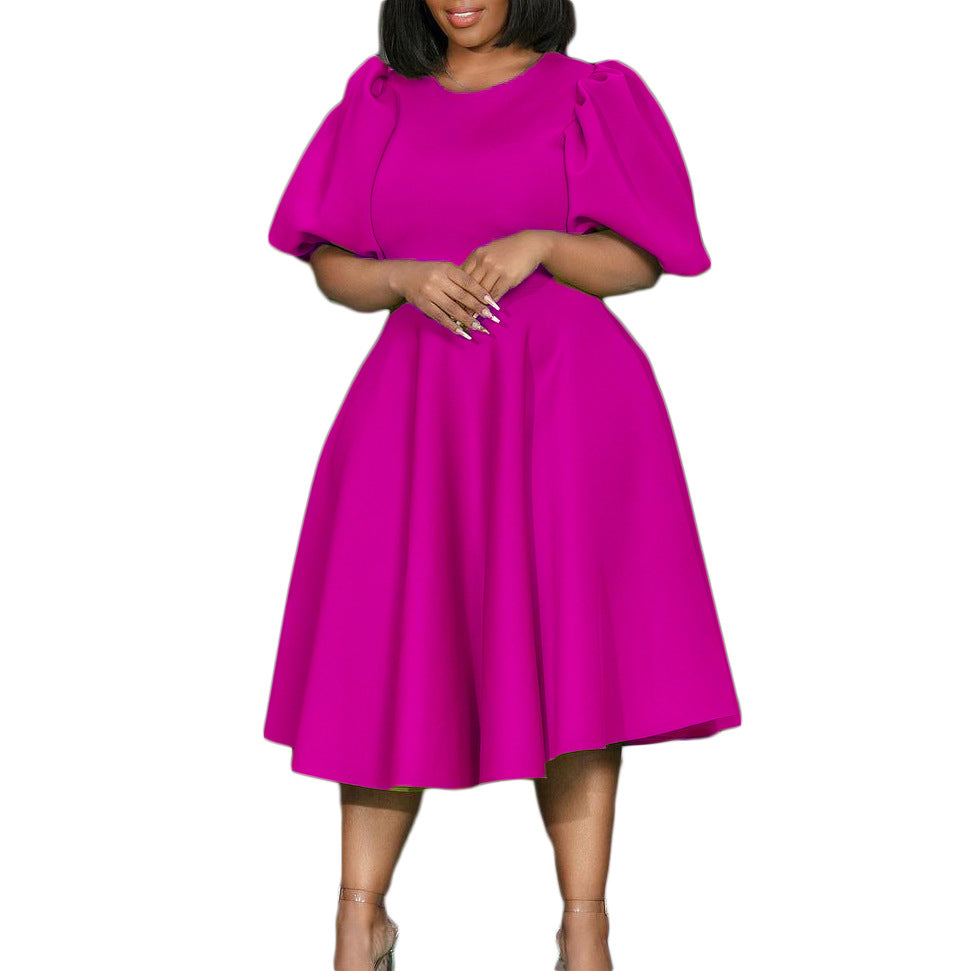 Fashion women's wear Cross-Border European and American Amazon Summer round Neck Graceful Puff Sleeve Waist-Controlled Large Hem Elegant A- line Foreign Trade Dress