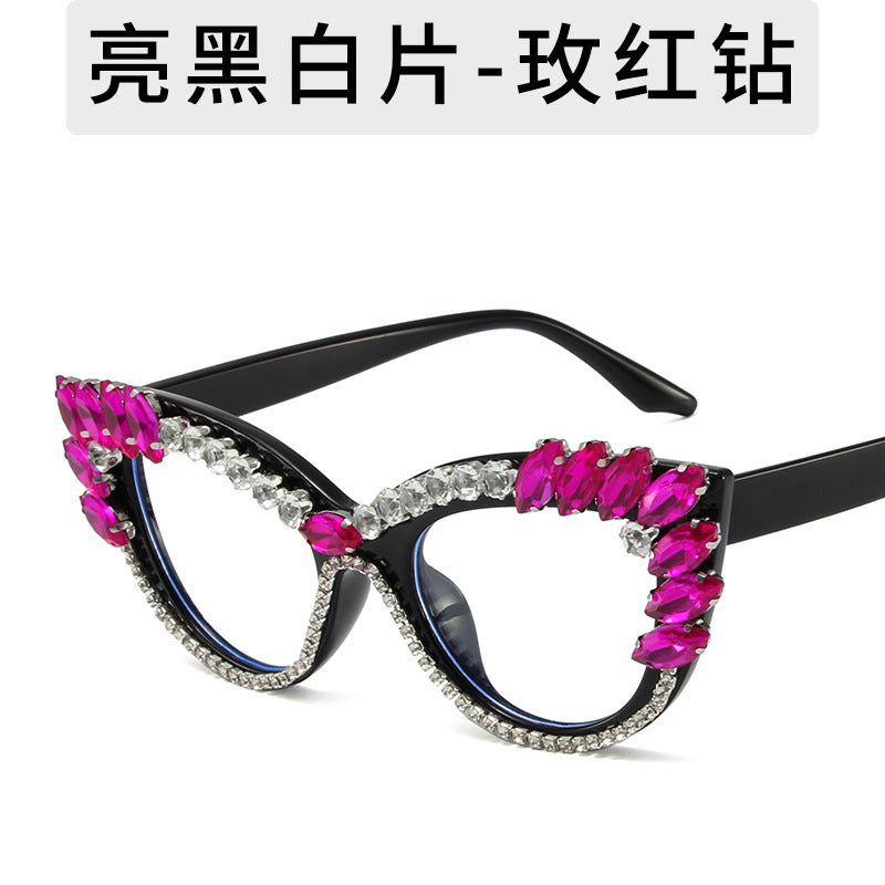 Women's fashion glasses 2023秋季新款欧美猫眼镶钻防蓝光平光镜跨境时尚网红 ins装饰眼镜