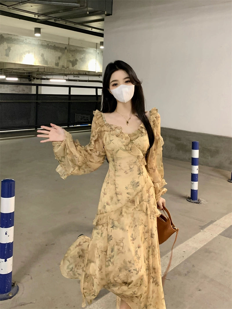 Fashion women's wear French Style Beautiful Yellow Floral Dress Spring plus Size Plump Girls Slimming Fairy Long Dress Style Skirt