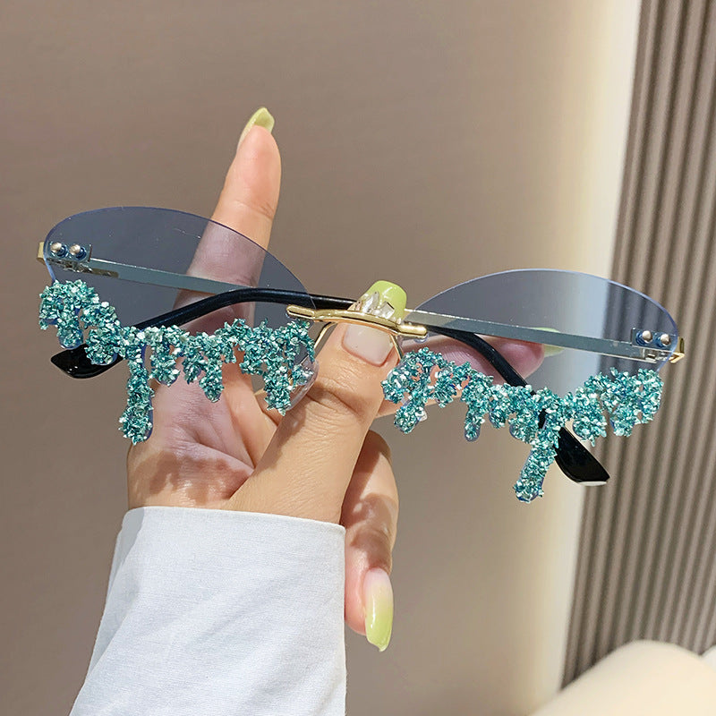Women's fashion glasses 2023跨境欧美新款天使眼泪手工镶钻太阳镜搞怪拍照影楼创意墨镜