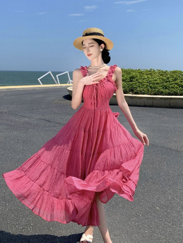 Fashion women's wear Beach Skirt Women's Seaside Vacation Heavy Industry Backless Lace up Sling Dress Temperament Show White Large Skirt Fairy Dress