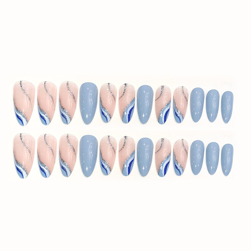 Fashion  nail Almond Simple Corrugated Sea Blue White Color Matching French Spring and Summer New Fresh Pure Want to Wear Nail Polish Piece W12