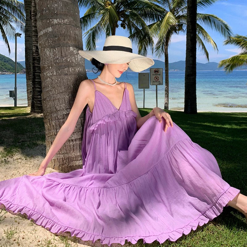 Fashion women's wear Fabric Romantic Lace Dress V-neck Comfortable Loose Vacation Suspender Dress Chic Beautiful Purple Dress